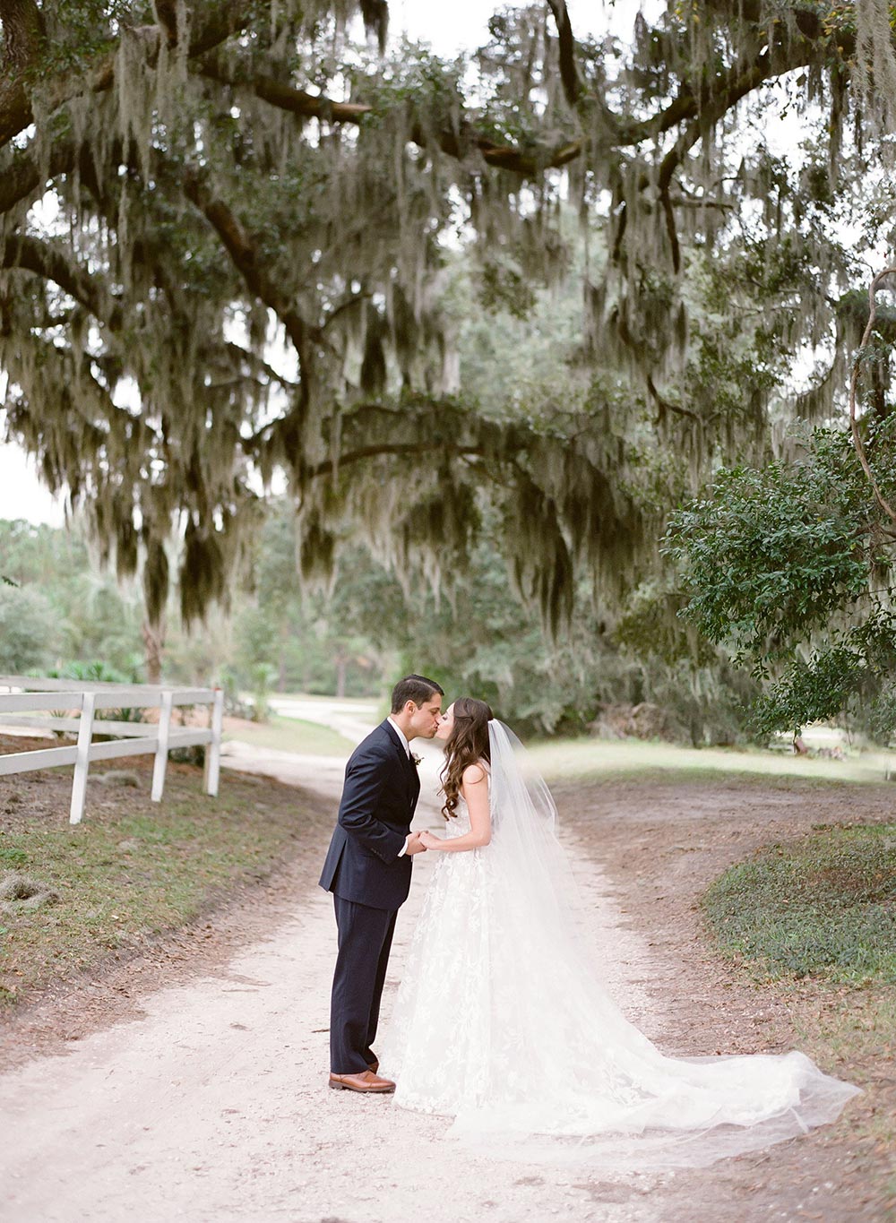 couple portraits amidst live oak trees